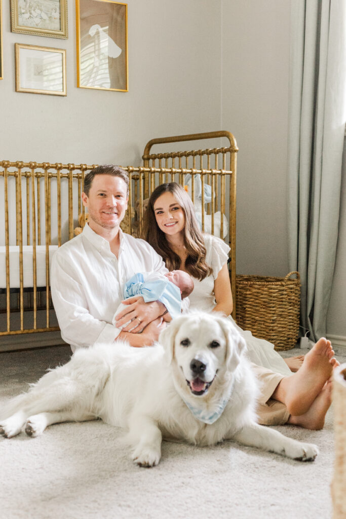 parents and dog and newborn in Dallas TX